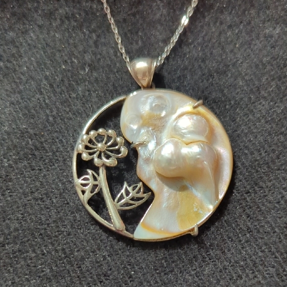 Hand Crafted Jewelry - Sterling Silver Mother Of Pearl Blister Pearl Floral Pendant Statement Necklace